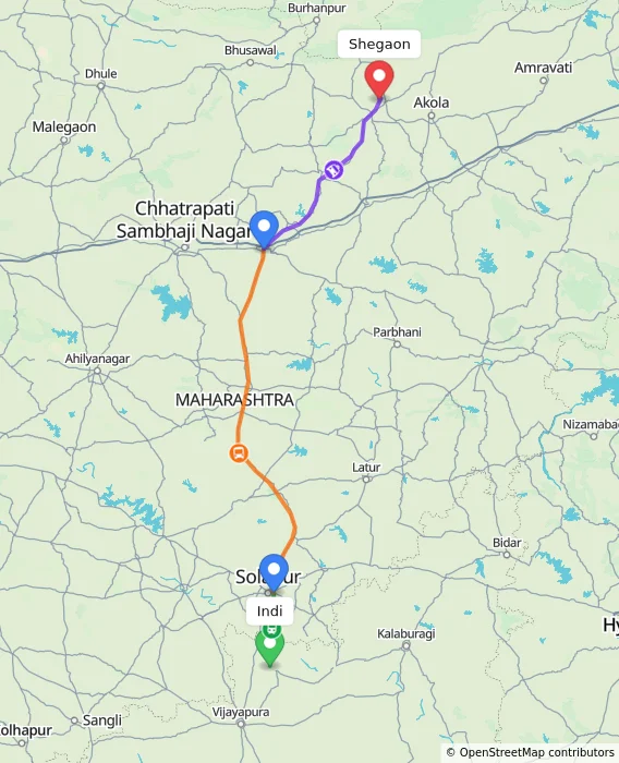 Route map showing distance and travel time from Indi, India to Shegaon, India