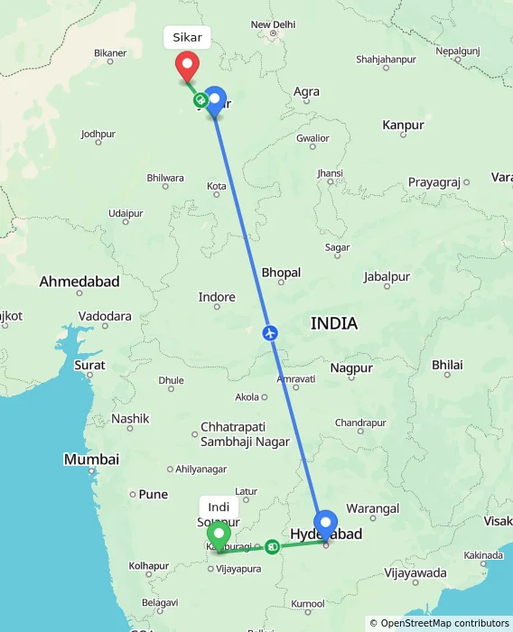 Route map showing distance and travel time from Indi, India to Sikar, India