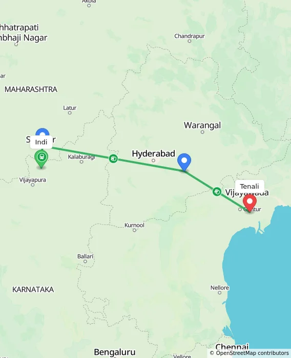 Route map showing distance and travel time from Indi, India to Tenali, India