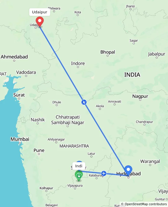Route map showing distance and travel time from Indi, India to Udaipur, India