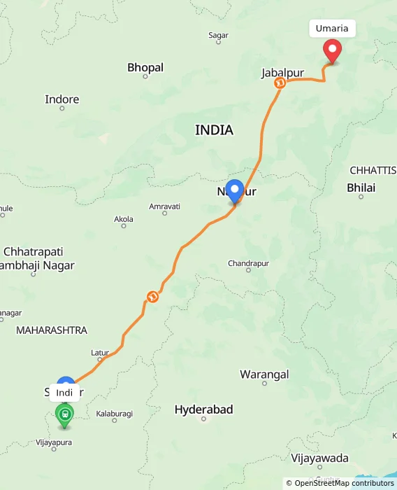 Route map showing distance and travel time from Indi, India to Umaria, India