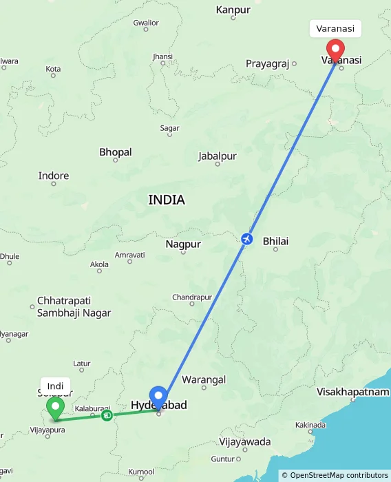 Route map showing distance and travel time from Indi, India to Varanasi, India
