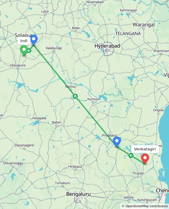 Route map showing distance and travel time from Indi, India to Venkatagiri, India