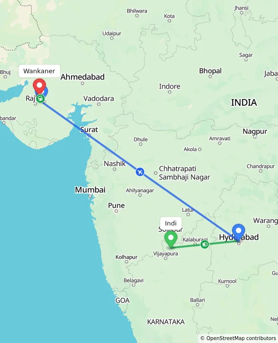 Route map showing distance and travel time from Indi, India to Wankaner, India