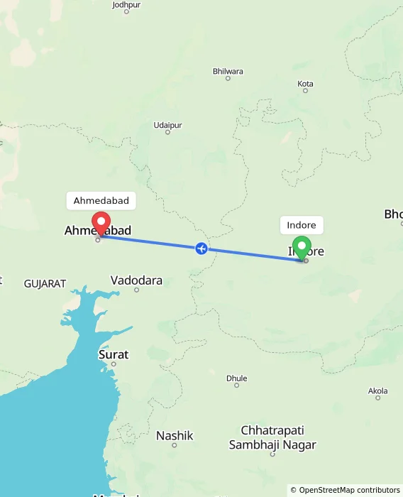 Route map showing distance and travel time from Indore, India to Ahmedabad, India