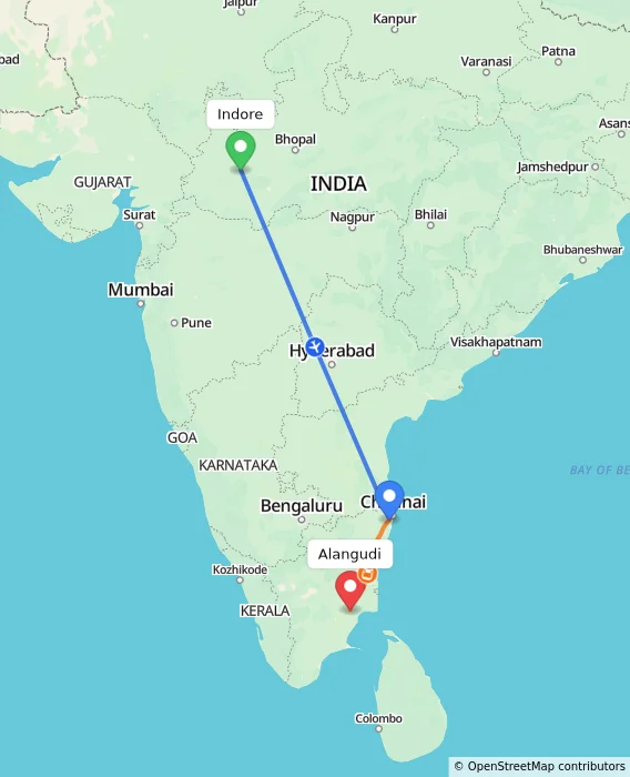 Route map showing distance and travel time from Indore, India to Alangudi, India