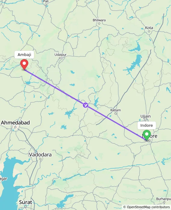 Route map showing distance and travel time from Indore, India to Ambaji, India