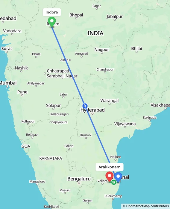 Route map showing distance and travel time from Indore, India to Arakkonam, India