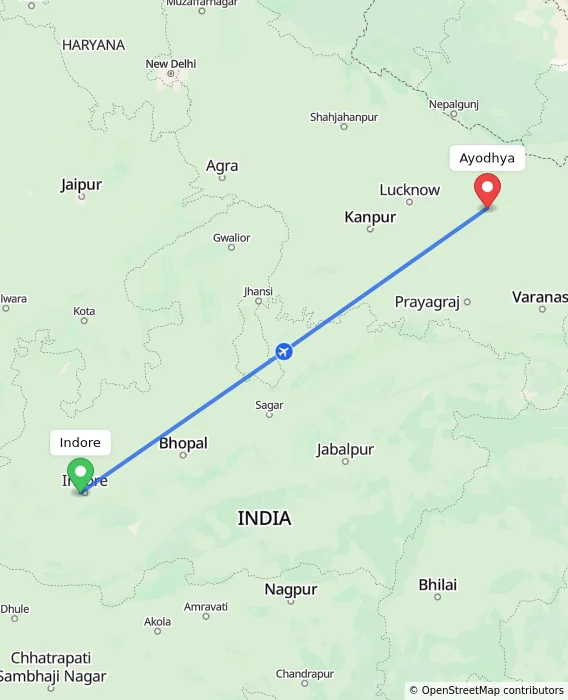 Route map showing distance and travel time from Indore, India to Ayodhya, India