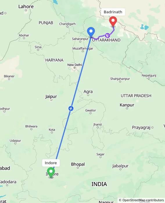 Route map showing distance and travel time from Indore, India to Badrinath, India