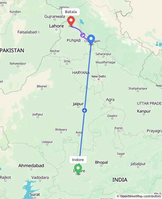 Route map showing distance and travel time from Indore, India to Batala, India