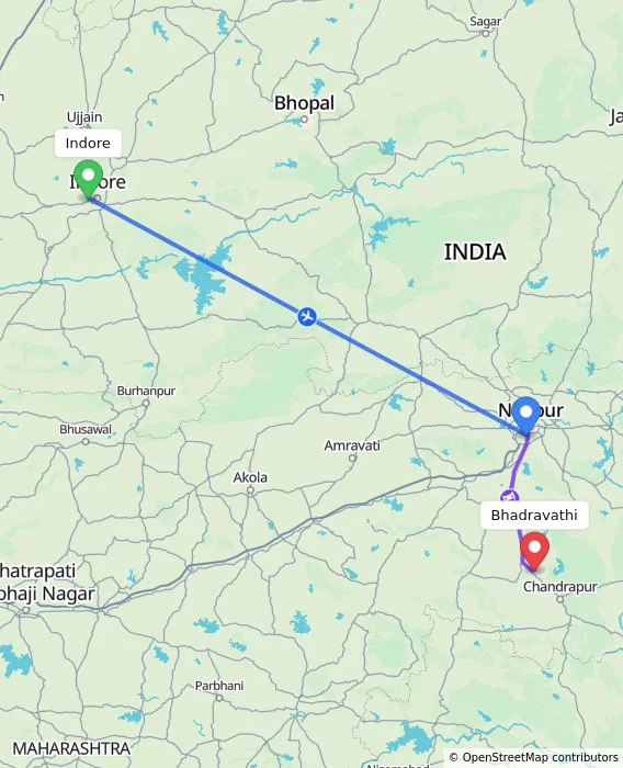 Route map showing distance and travel time from Indore, India to Bhadravathi, India