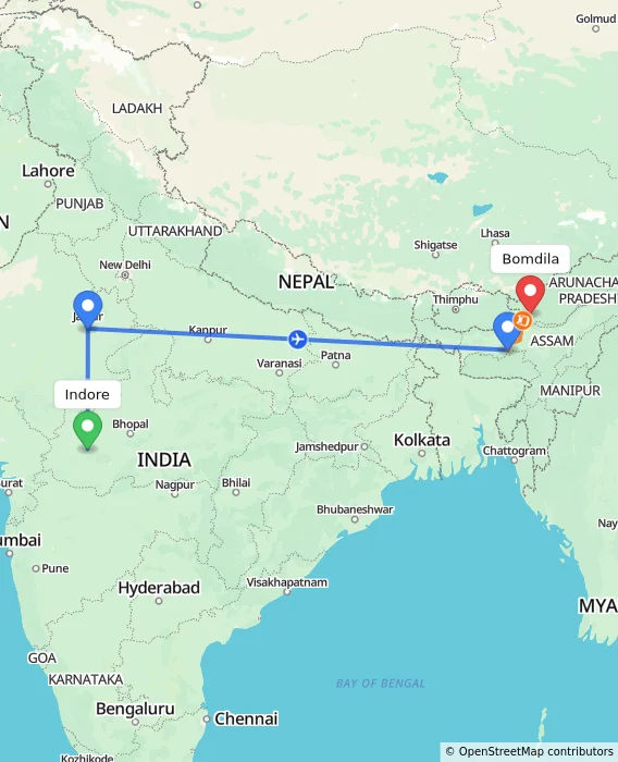 Route map showing distance and travel time from Indore, India to Bomdila, India
