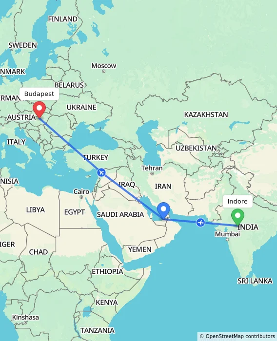 Route map showing distance and travel time from Indore, India to Budapest, Hungary