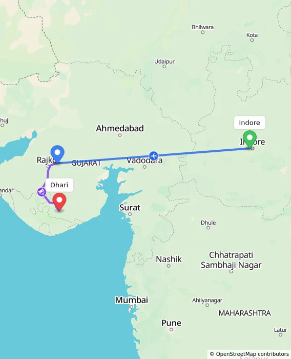 Route map showing distance and travel time from Indore, India to Dhari, India