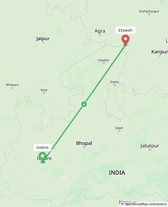 Route map showing distance and travel time from Indore, India to Etawah, India