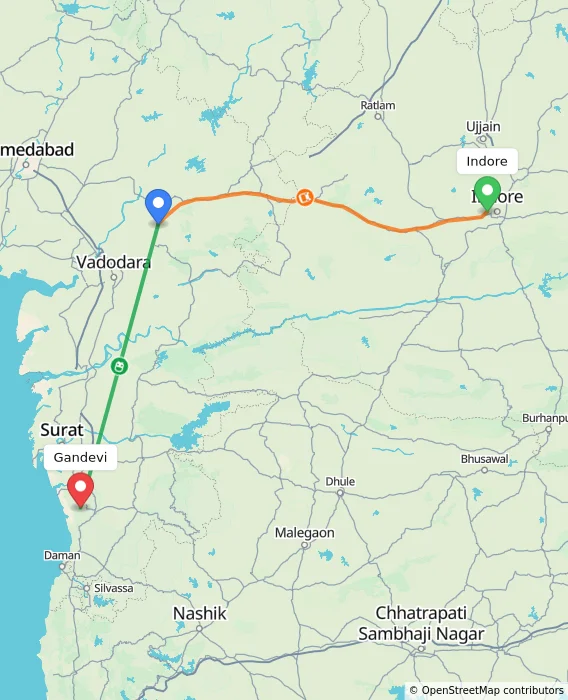 Route map showing distance and travel time from Indore, India to Gandevi, India