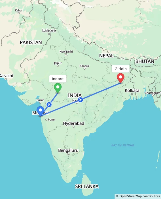 Route map showing distance and travel time from Indore, India to Giridih, India