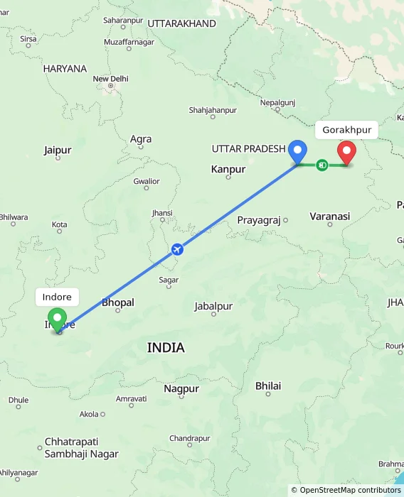 Route map showing distance and travel time from Indore, India to Gorakhpur, India