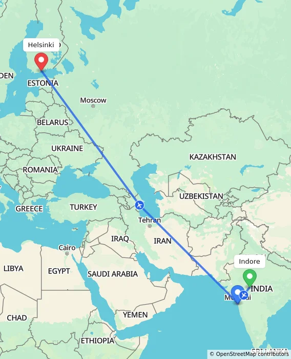 Route map showing distance and travel time from Indore, India to Helsinki, Finland