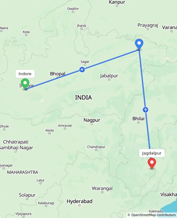 Route map showing distance and travel time from Indore, India to Jagdalpur, India