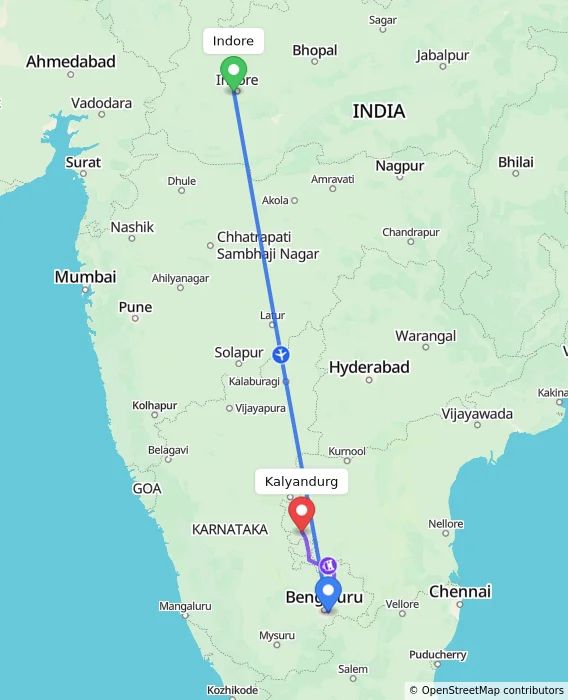 Route map showing distance and travel time from Indore, India to Kalyandurg, India