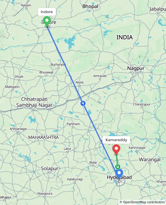 Route map showing distance and travel time from Indore, India to Kamareddy, India