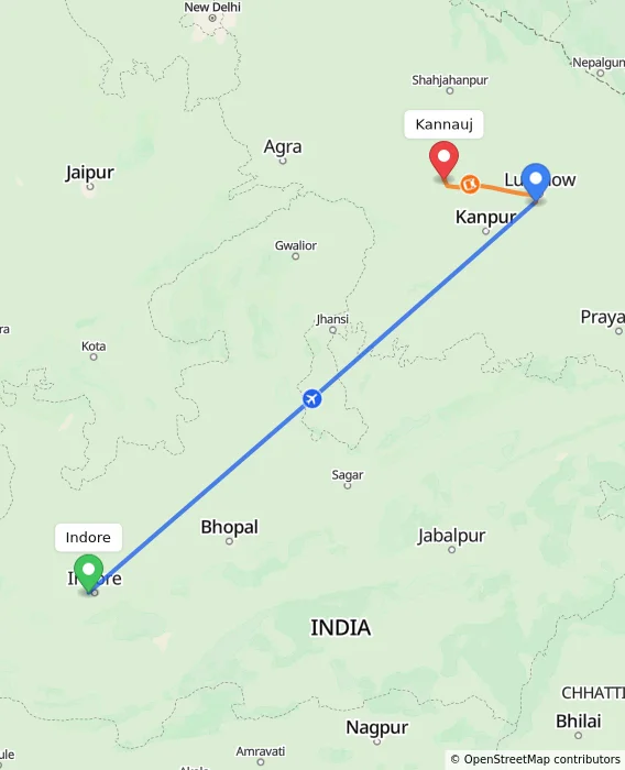 Route map showing distance and travel time from Indore, India to Kannauj, India