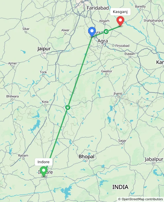 Route map showing distance and travel time from Indore, India to Kasganj, India