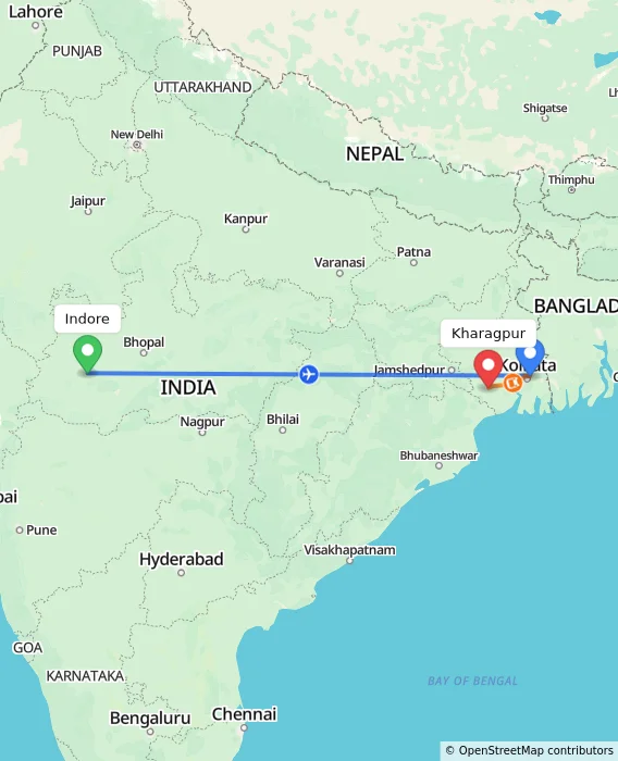 Route map showing distance and travel time from Indore, India to Kharagpur, India