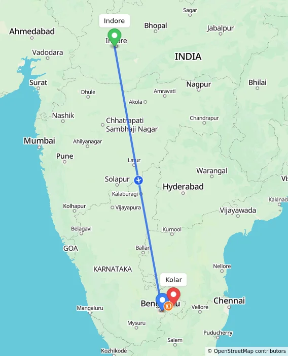 Route map showing distance and travel time from Indore, India to Kolar, India