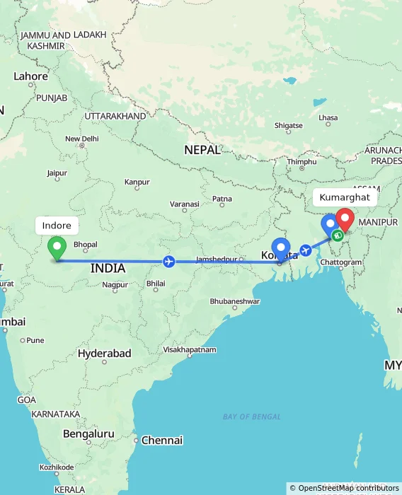 Route map showing distance and travel time from Indore, India to Kumarghat, India