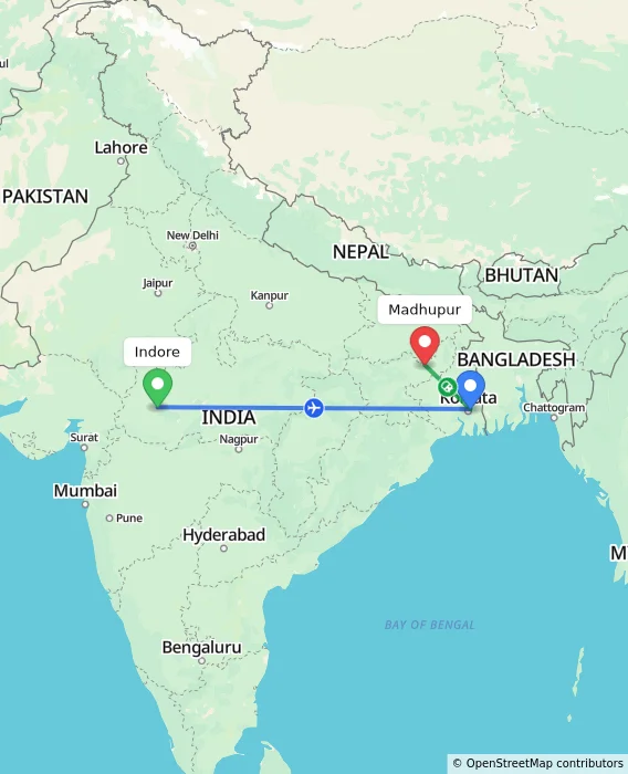 Route map showing distance and travel time from Indore, India to Madhupur, India