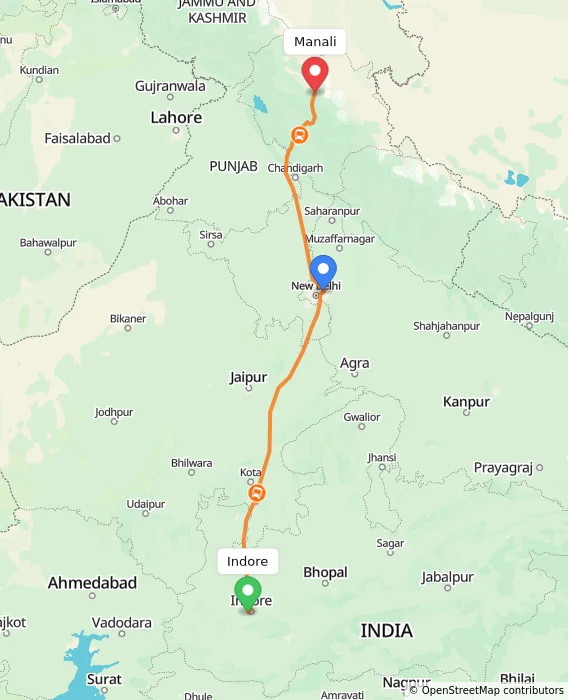 Route map showing distance and travel time from Indore, India to Manali, India