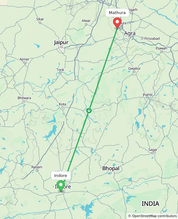 Route map showing distance and travel time from Indore, India to Mathura, India