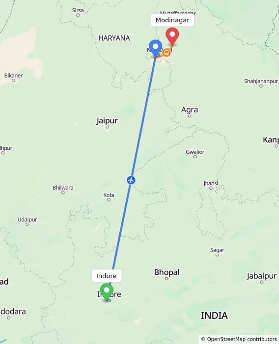 Route map showing distance and travel time from Indore, India to Modinagar, India