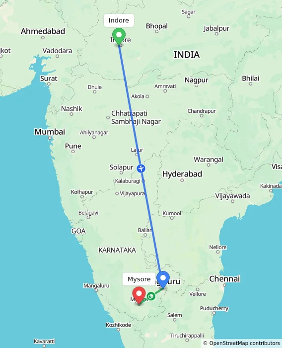 Route map showing distance and travel time from Indore, India to Mysore, India