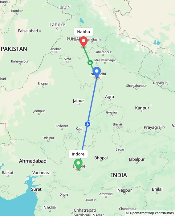 Route map showing distance and travel time from Indore, India to Nabha, India