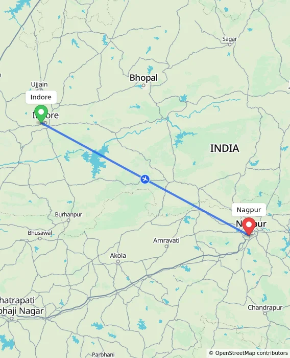 Route map showing distance and travel time from Indore, India to Nagpur, India