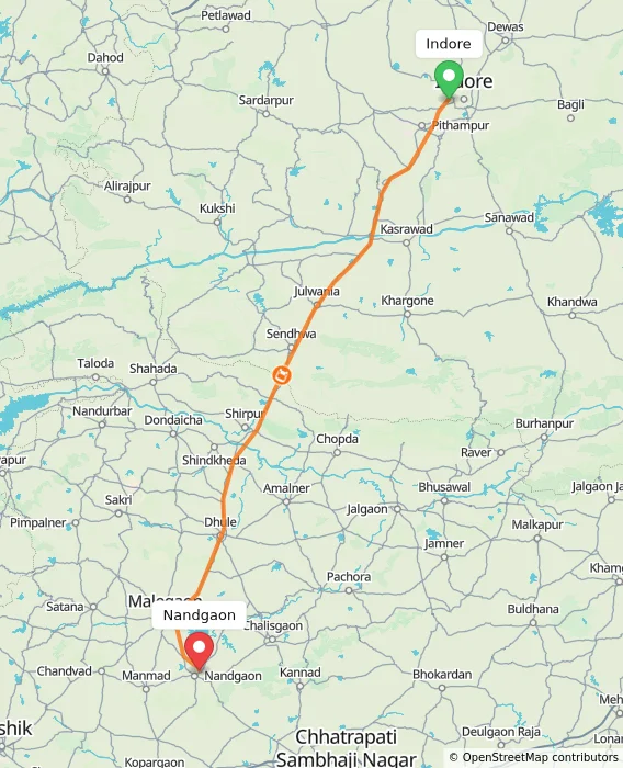 Route map showing distance and travel time from Indore, India to Nandgaon, India