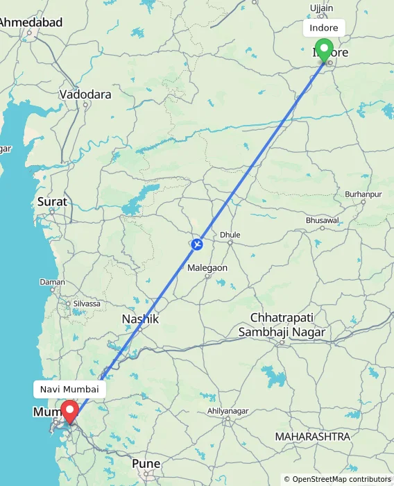 Route map showing distance and travel time from Indore, India to Navi Mumbai, India