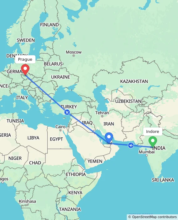 Route map showing distance and travel time from Indore, India to Prague, Czechia