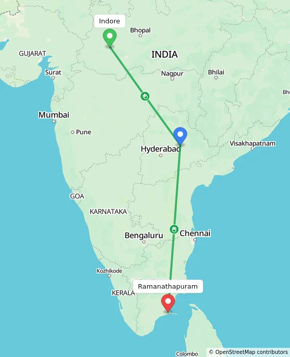 Route map showing distance and travel time from Indore, India to Ramanathapuram, India