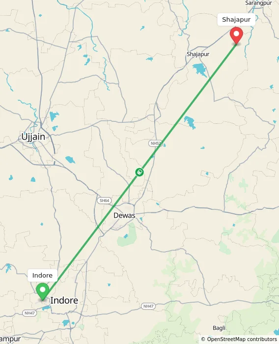 Route map showing distance and travel time from Indore, India to Shajapur, India