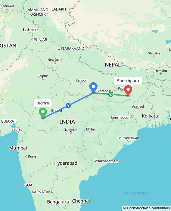 Route map showing distance and travel time from Indore, India to Sheikhpura, India