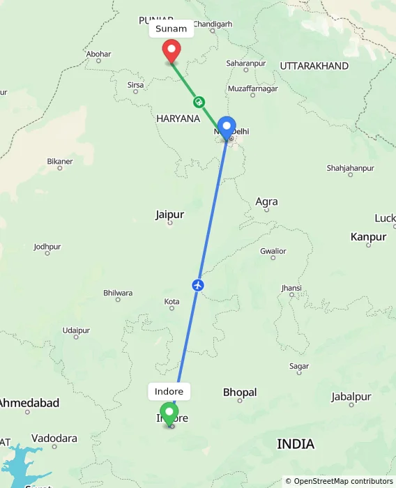 Route map showing distance and travel time from Indore, India to Sunam, India