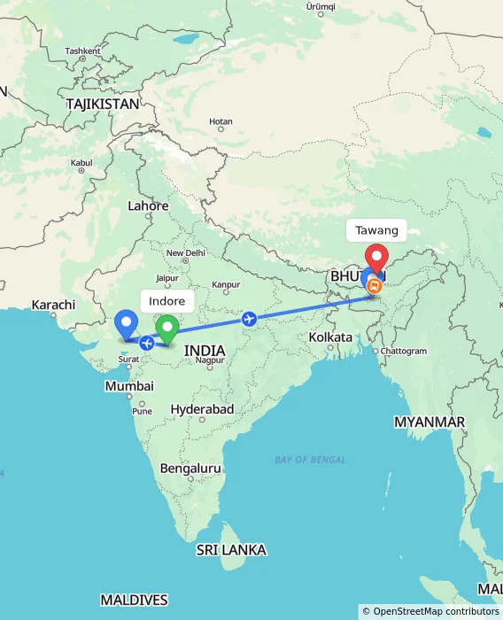Route map showing distance and travel time from Indore, India to Tawang, India