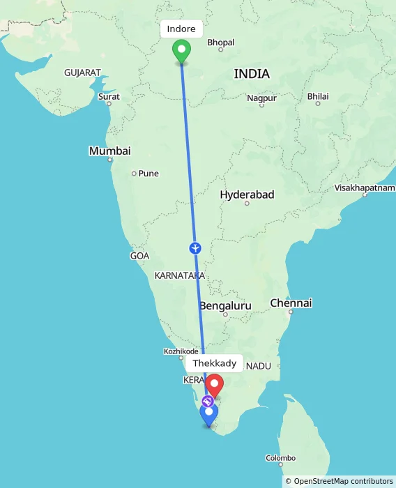 Route map showing distance and travel time from Indore, India to Thekkady, India