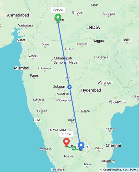 Route map showing distance and travel time from Indore, India to Tiptur, India