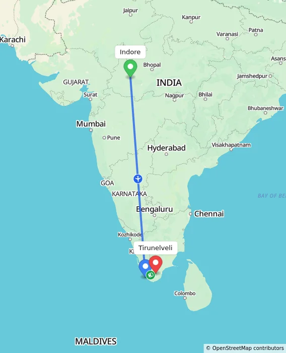 Route map showing distance and travel time from Indore, India to Tirunelveli, India